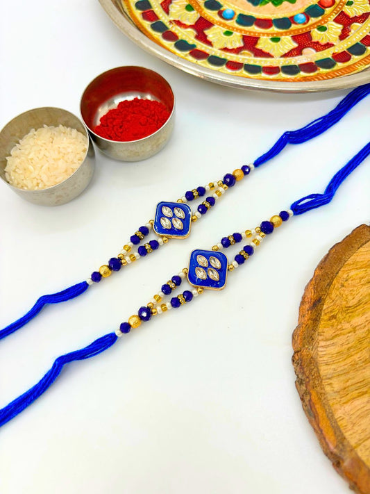 Traditional Meenakari Kundan Rakhi with Roli Chawal for Brother - Blue (Pack of 2)