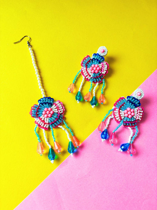 Floral Bridal Maangtika Earrings Set (Pink-Blue)