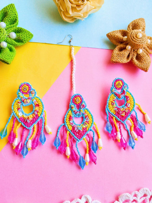 Femina Bridal Maangtika Earrings Set (Pink and Yellow)