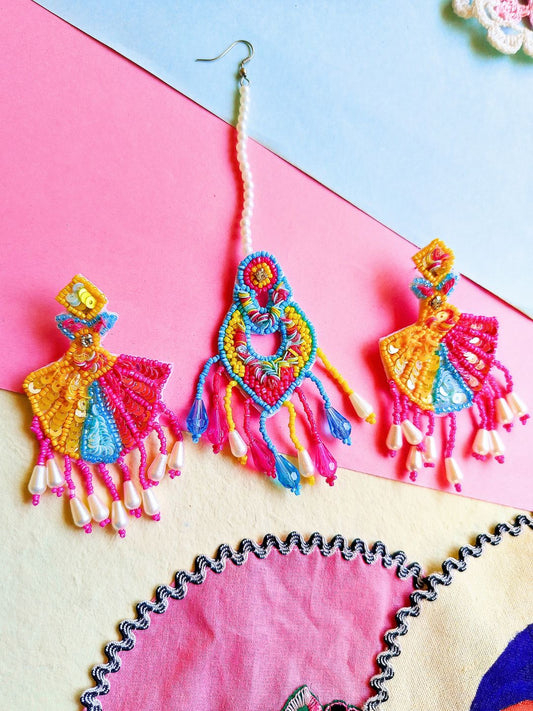 Florentina Bridal Maangtika Earrings Set (Pink and Yellow)