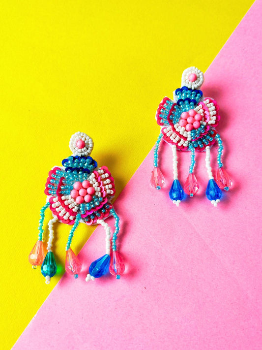 Floral Tassel Earring Set (Pink-Blue)