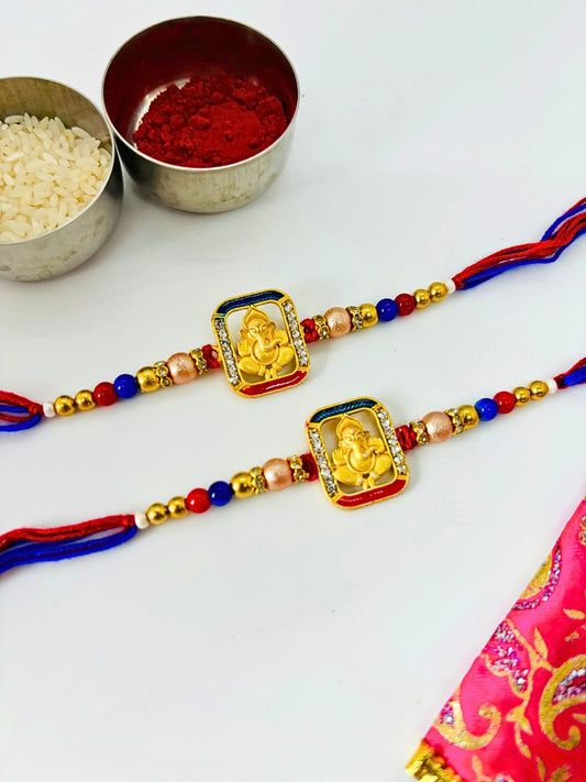 Traditional Ganeshji Meenakari Kundan Rakhi with Roli Chawal for Brother (Pack of 2)
