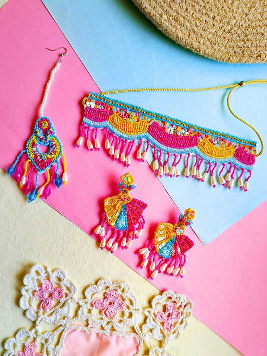 Florentina Bridal Choker Maangtika Set (Pink and Yellow)