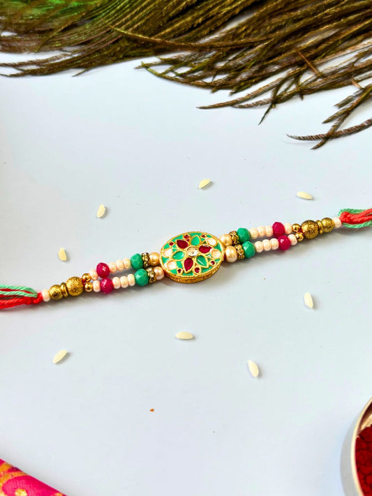 Traditional Meenakari Kundan Rakhi with Roli Chawal for Brother (Multi)