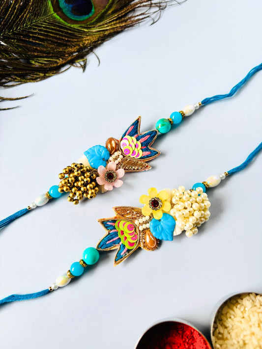 Designer Blue Embellished Rakhi with Roli Chawal for Brother (Pack of 2)