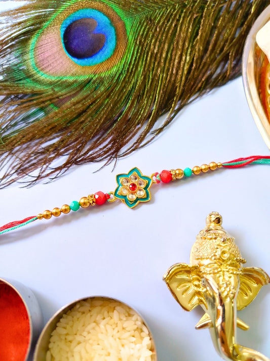 Traditional Kundan Rakhi with Roli Chawal for Brother - Flower Pattern (Pack of 1)