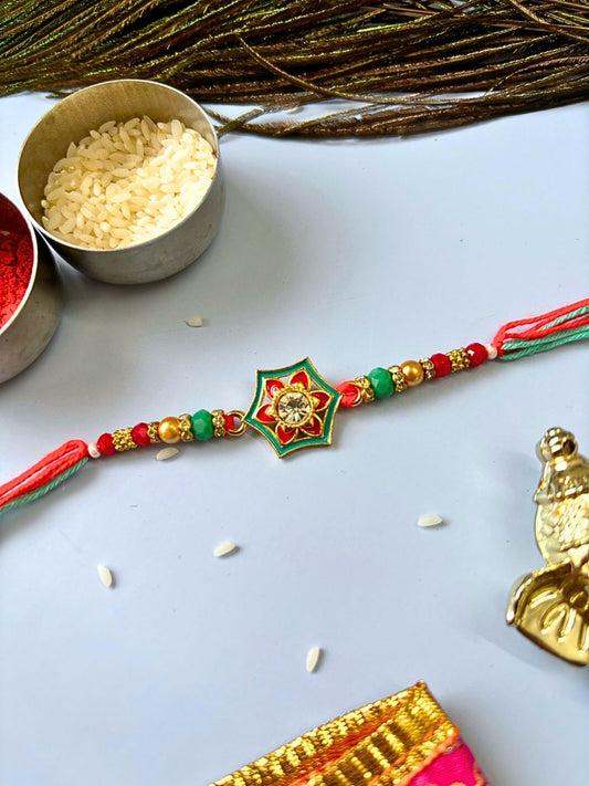 Traditional Meenakari Kundan Rakhi with Roli Chawal for Brother (Green)
