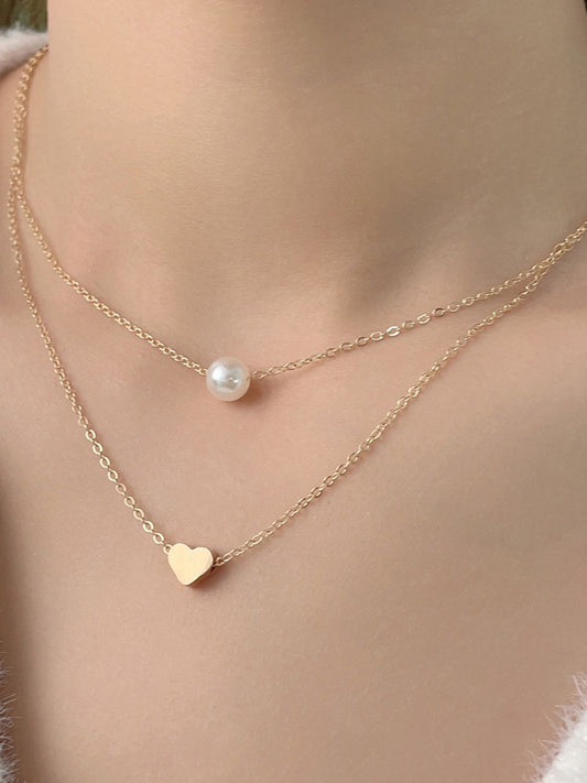 Heart and Pearl Layered Necklace Chain (Gold)