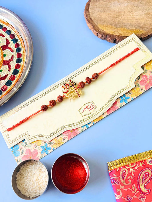Om Namah Shivaay Rudraksh Traditional Rakhi with Roli Chawal for Brother