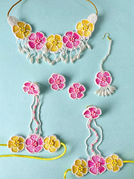 Flower Blossom Bridal Jewellery Set (Pink and Yellow)
