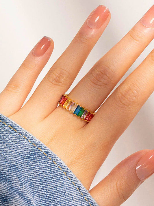 Multicolor American Diamond Gold-plated Anti-tarnish Stainless Steel Ring (Adjustable)