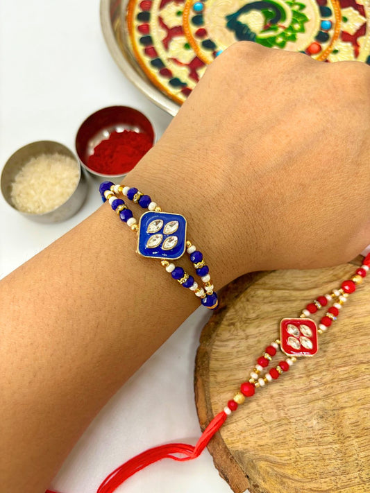 Traditional Meenakari Kundan Rakhi with Roli Chawal for Brother (Blue)