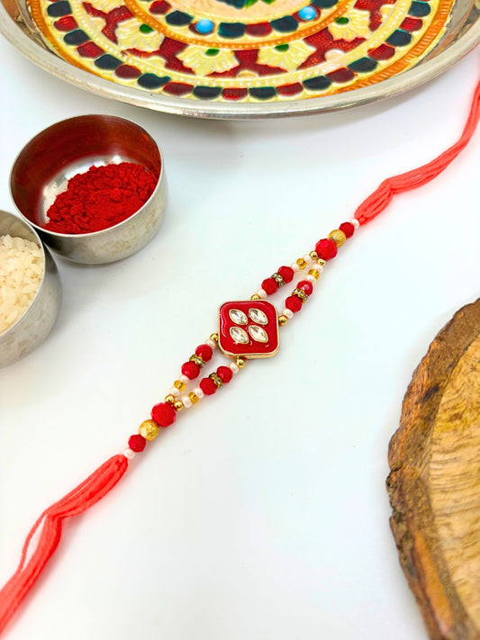 Traditional Meenakari Kundan Rakhi with Roli Chawal for Brother (Red)
