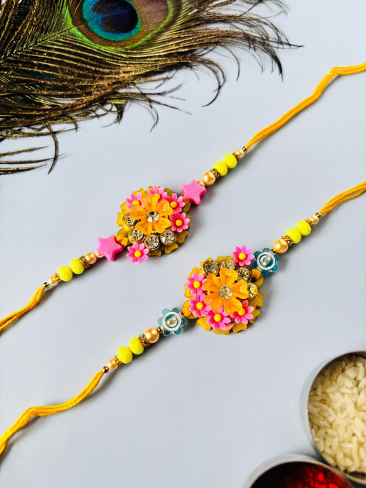 Cute Floral Kids Rakhi with Roli Chawal for Brother (Pack of 2)