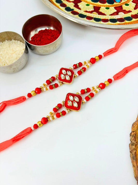 Traditional Meenakari Kundan Rakhi with Roli Chawal for Brother - Red (Pack of 2)