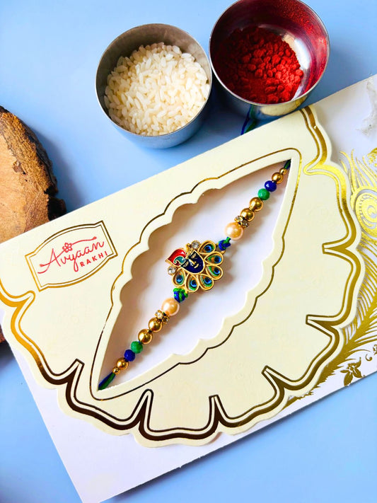 Traditional Krishna ji Kundan Meenakari Rakhi with Roli Chawal