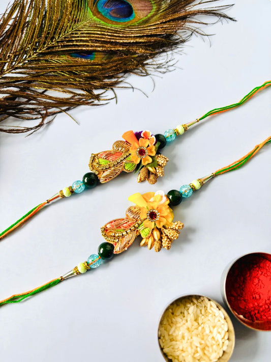 Designer Floral Embellished Rakhi with Roli Chawal for Brother (Pack of 2)
