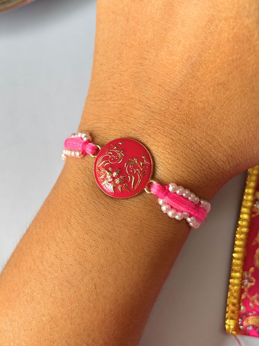 Cute Pink Bracelet Rakhi Bracelet with Roli Chawal for Sister