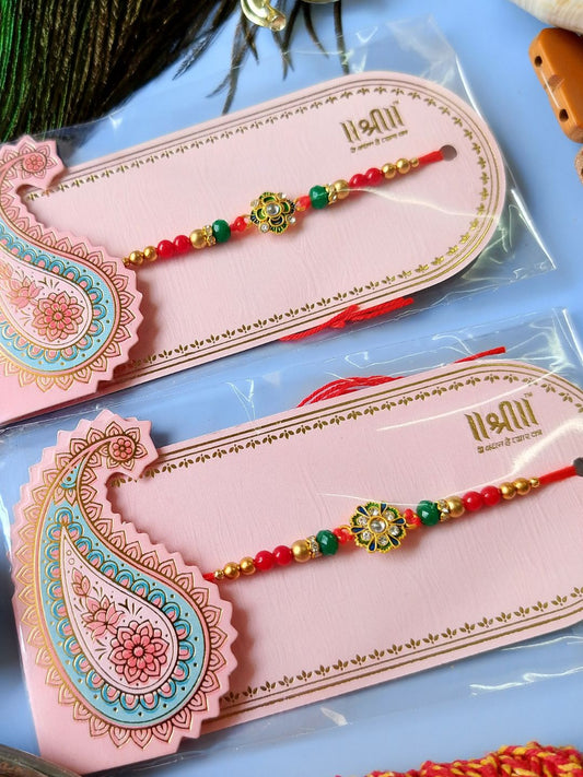 Traditional Kundan Rakhi with Roli Chawal for Brother (Floral Accent) (Pack of 2)