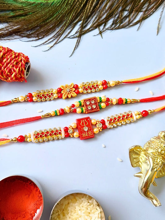 Traditional Embellishment Thread Rakhi with Roli Chawal for Brother (Pack of 3 Rakhis)