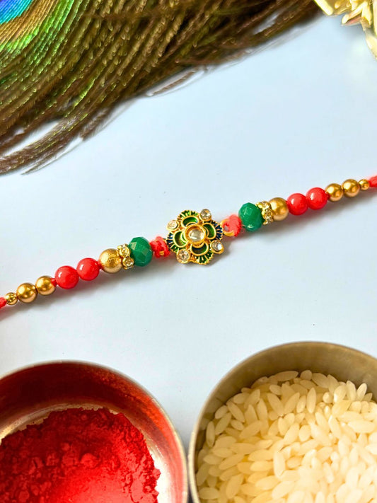 Traditional Kundan Rakhi with Roli Chawal for Brother - Floral Accent (Pack of 1)