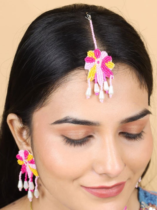 Rang Floral Maangtika Earrings Set (Pink and Yellow)