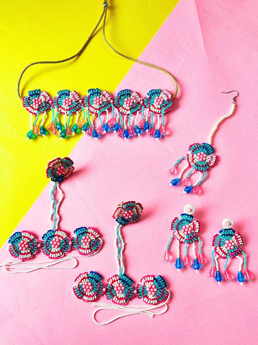 Floral Bridal Jewellery Set (Pink-Blue)
