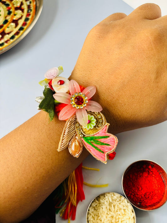 Embellished Floral Rakhi with Roli Chawal for Brother (Pack of 1)