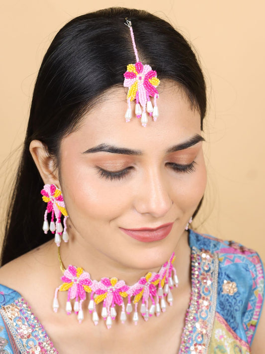 Rang Floral Bridal Choker Maangtika Set (Pink and Yellow)