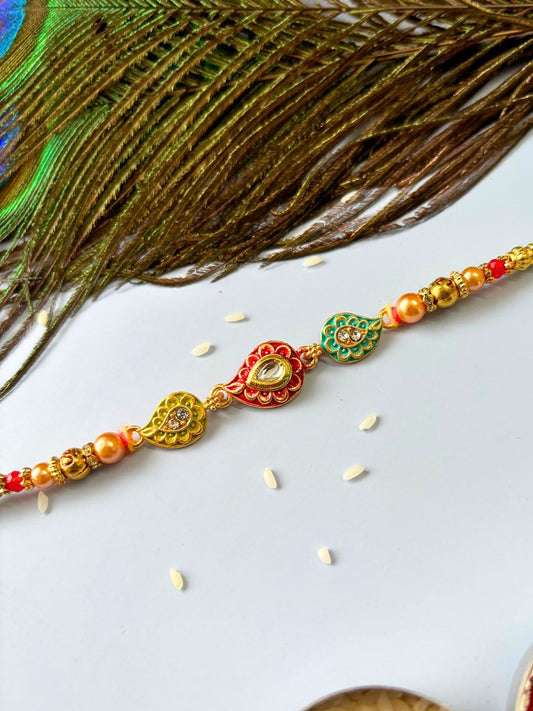 Cute Kairiya Stone Rakhi with Roli Chawal for Brother (Multicolor)