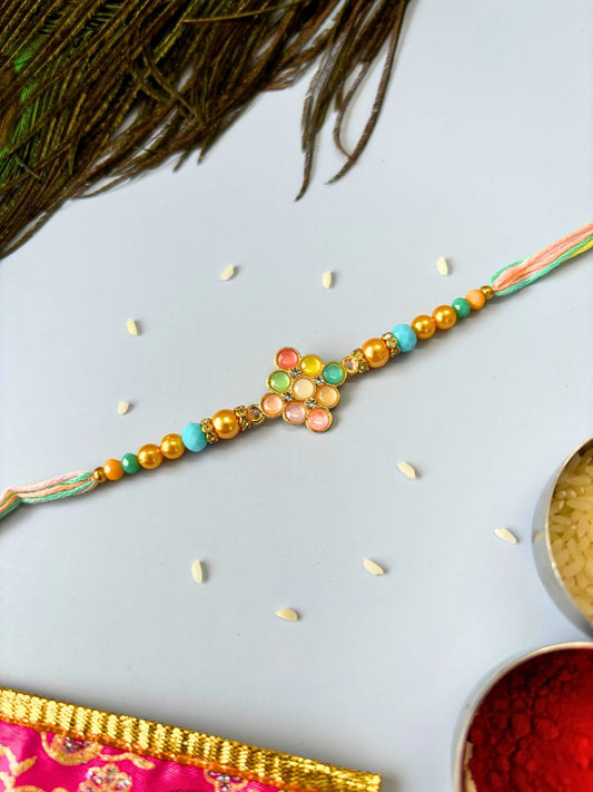 Cute Multicolor Stone Rakhi with Roli Chawal for Brother and Kids