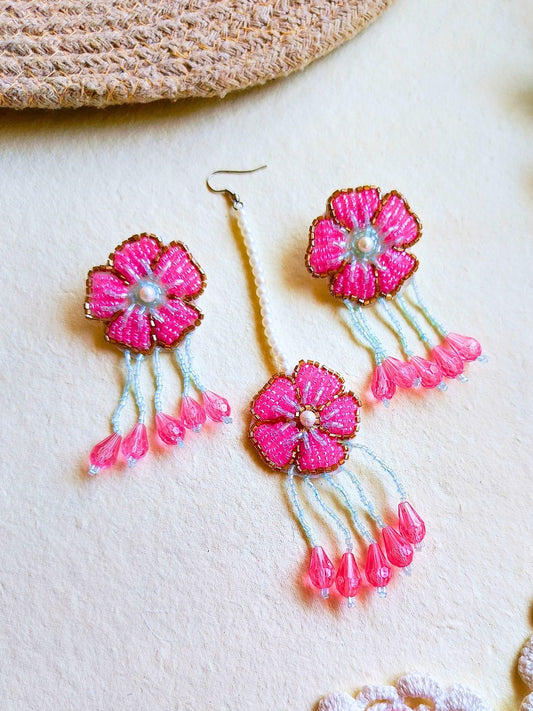 Floral Bridal Maangtika Eaarings Set (Pink and Blue)