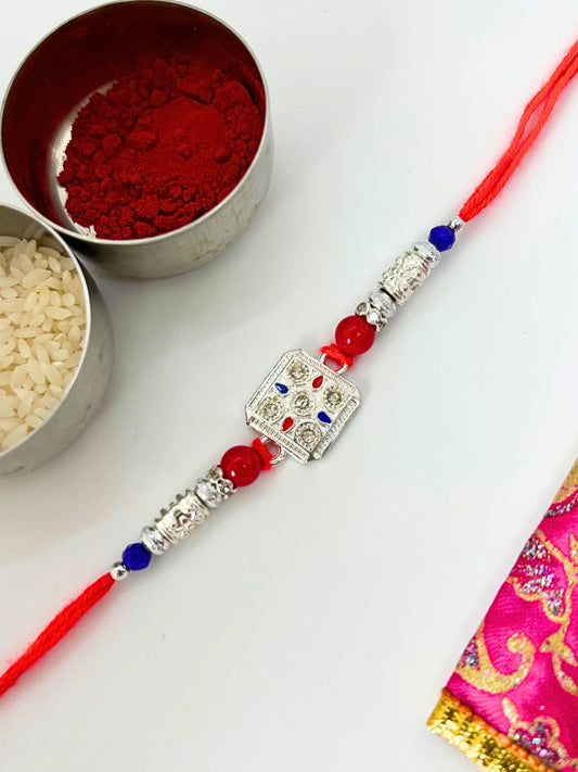 German Silver Stone Rakhi with Roli Chawal for Brother (Pack of 1)