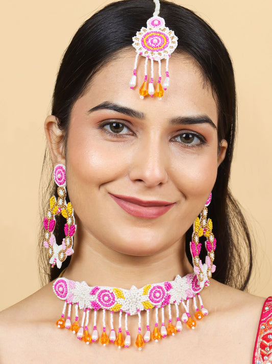 Zia Floral Bridal Choker Maangtika Set (Pink and Yellow)