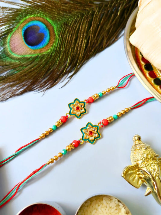 Traditional Kundan Rakhi with Roli Chawal for Brother - Flower Pattern (Pack of 2)