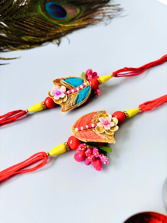 Cute Floral Rakhi with Roli Chawal for Brother (Pack of 2: Blue and Orange)