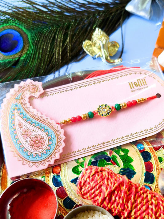 Traditional Kundan Rakhi with Roli Chawal for Brother - Flower Accent (Pack of 1)