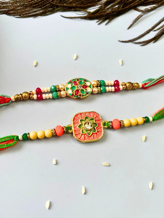 Traditional Meenakari Kundan Rakhi with Roli Chawal for Brother (Pack of 2 Unique Rakhi)