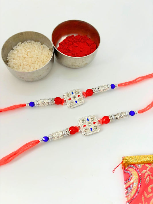 German Silver Stone Rakhi with Roli Chawal for Brother (Pack of 2)