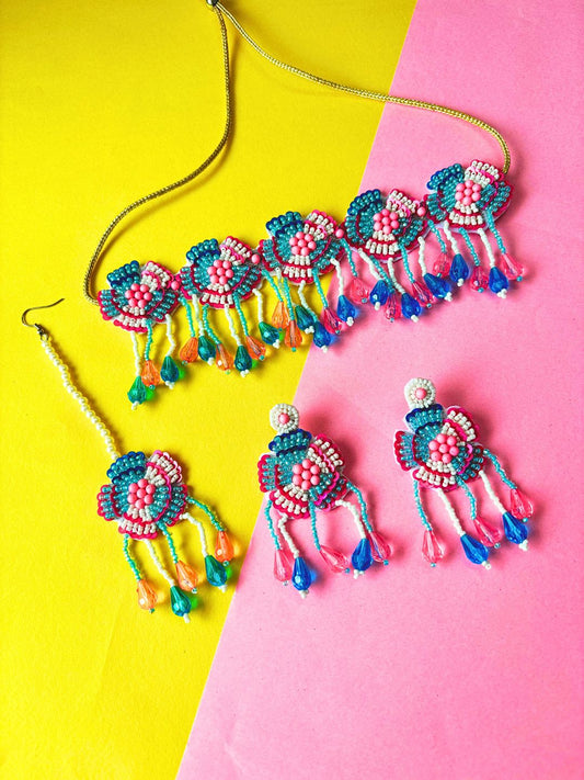 Floral Bridal Maangtika Choker Set (Pink-Blue)