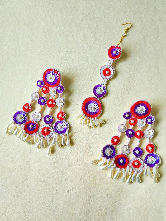 Sequina Maangtika Earrings Set (Purple and Orange)