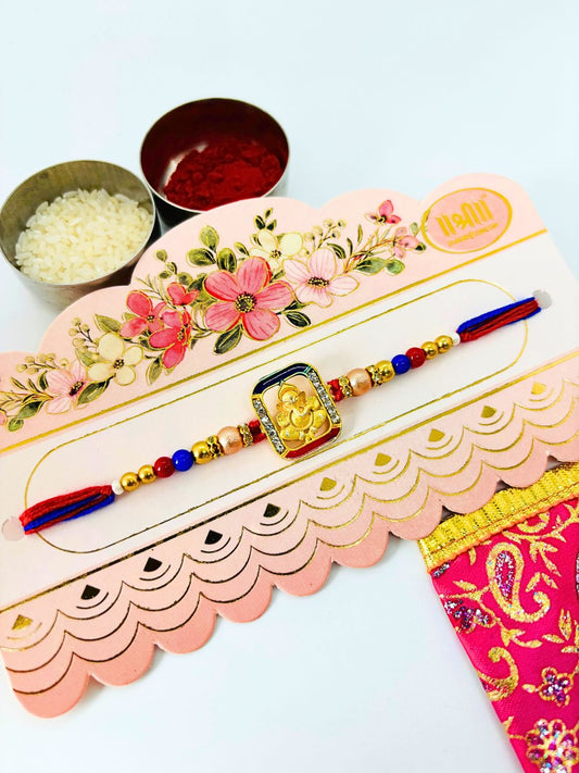 Traditional Ganeshji Meenakari Kundan Rakhi with Roli Chawal for Brother