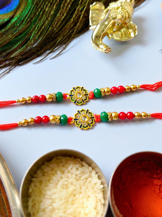 Traditional Kundan Rakhi with Roli Chawal for Brother - Flower Accent (Pack of 2)