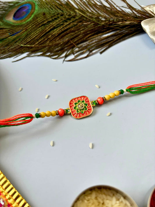 Traditional Meenakari Kundan Rakhi with Roli Chawal for Brother (Orange)