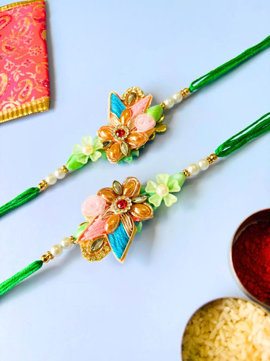 Designer Floral Embellished Rakhi with Roli Chawal for Brother (Pack of 2)