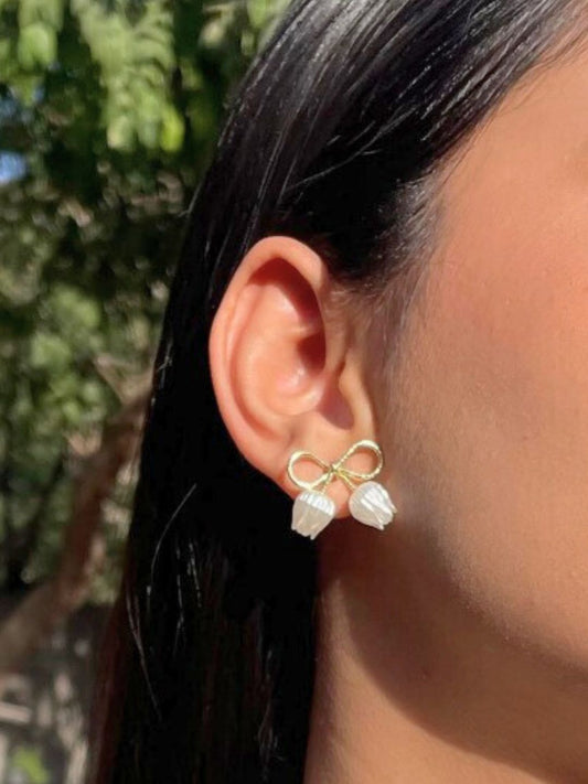 Gold-toned White Bow-shaped Tulip Dangler Earrings for Women