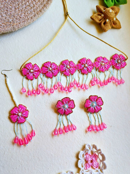 Floral Bridal Choker Maangtika Set (Pink and Blue)