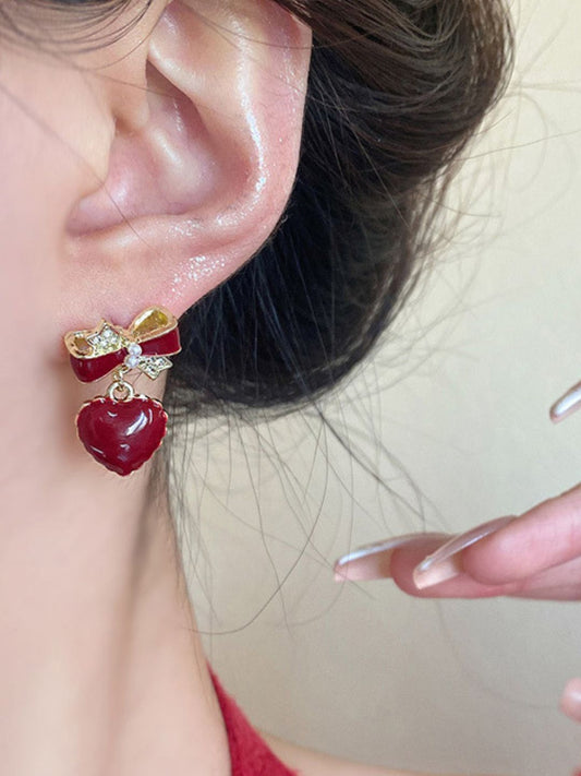 Cherry Red Heart and Bow shaped Dangler Earrings for Women