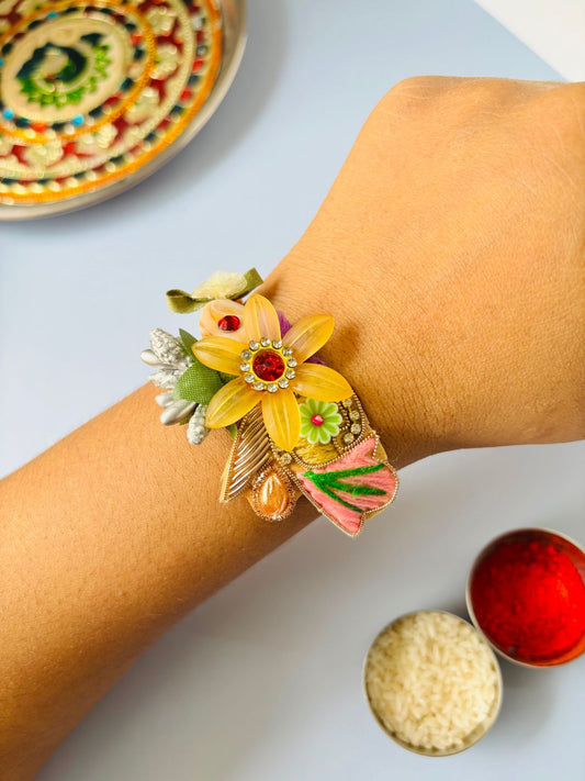 Embellished Floral Rakhi with Roli Chawal for Brother (Pack of 1)