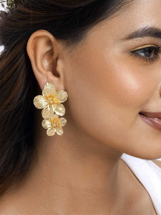 Gold-plated Anti-tarnish Stainless Steel Twin Flower Dangler Earrings for Women